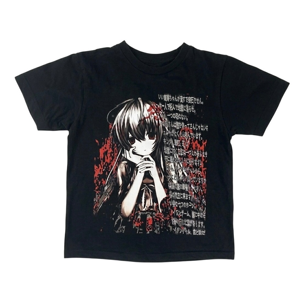 Gothic Anime Graphic Tee Black Short Sleeve Japanese Text Blood Splatter Shirt